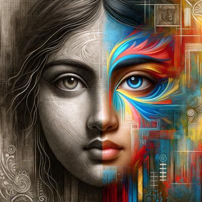 The primary subject of the image is a woman's face, which is depicted in two different styles. One half of the face is shown in a traditional, realistic style, while the other half is shown in a more abstract, digital art style. The setting is a colorful background, which adds to the overall mood of the image. The visual style is a combination of photo and digital art, creating a unique and intriguing representation of the woman's face.
